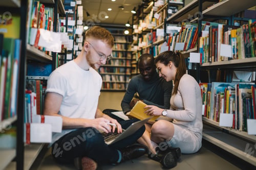 Preview: Cheerful students learning on floor in library