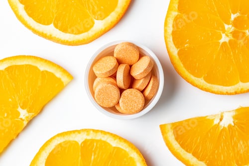 Preview: Orange effervescent tablets vitamins C on white background