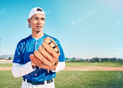Preview: Mockup, baseball and man with glove, fitness and ready for game, confident and focus outdoor. Male