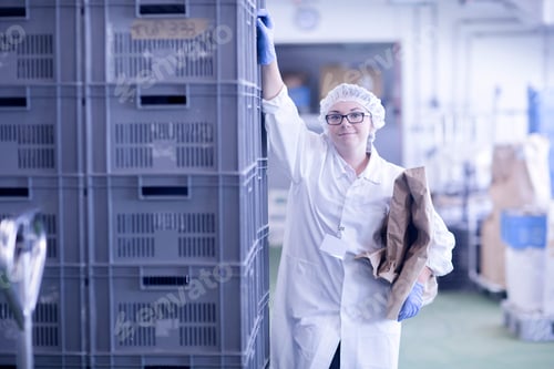 Preview: Factory worker holding packaging looking at camera smiling