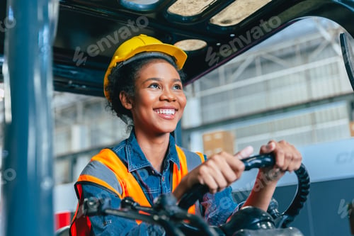 Preview: Women labor worker at forklift driver happy smile enjoy working in industry factory logistic ship