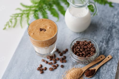 Preview: Cold dalgona coffee with almond milk and brown sugar, coffee beans