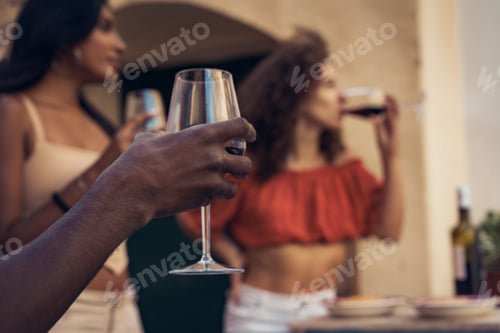 Preview: Hand holding glass of red wine with friends drinking in background