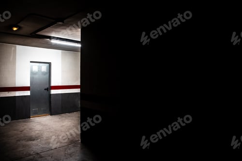 Preview: Aluminum door of a storage room in a community garage, image with dark copy space.