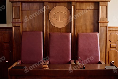 Preview: Wooden table with gavel, microphone and black leather folder with documents