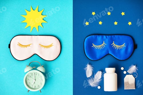 Preview: Sleeping masks, pills, alarm clock, paper sun and stars on colorful backgrounds