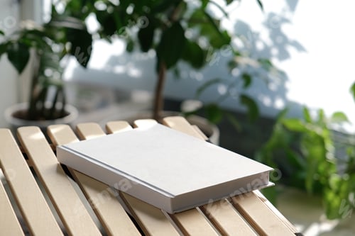 Preview: blank book mockup on decorative table with many green plants