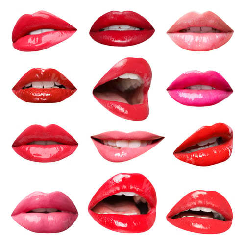 Preview: Female lips with lipsticks of different shades on white background, collage