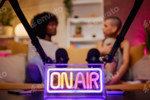 Preview: Close shot of a neon on air sign in a recording studio