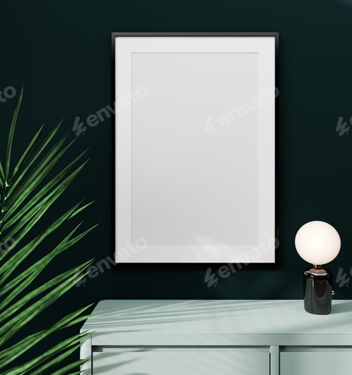 Preview: Vertical empty frame mockup in green interior with sideboard, trendy plants