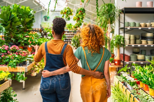 Preview: Garden center workers discussing plants for sale
