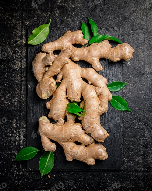 Preview: Fresh ginger with leaves on a stone board.
