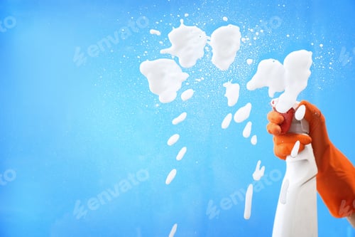 Preview: Woman cleaning glass against color background