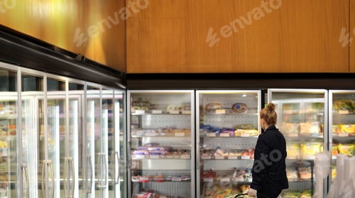 Preview: Supermarket Shopping, Face Mask And Gloves,Woman Choosing Frozen Food From A Supermarket Freezer