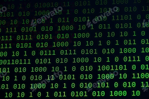 Preview: 01 or binary data on the computer screen isolated on black background, 3d illustration