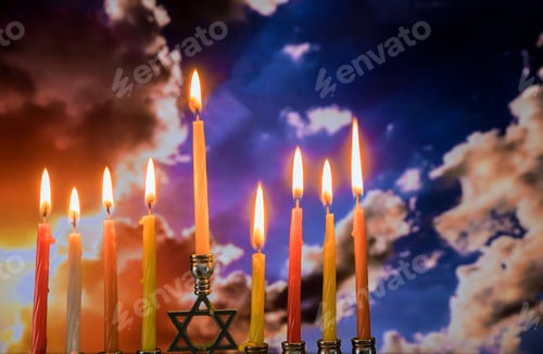 Preview: Hanukkah menorah with candles, twilight sunset sky background