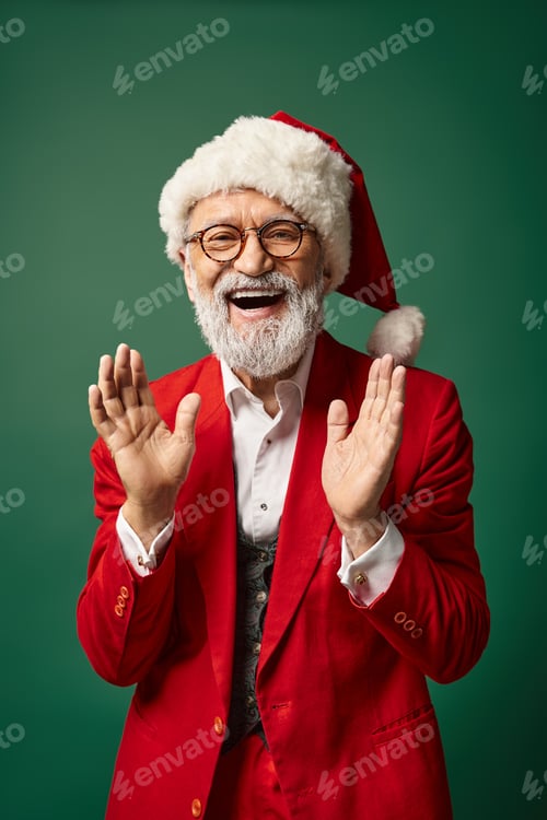 Preview: happy stylish Santa in christmassy hat gesturing actively and smiling at camera, winter concept
