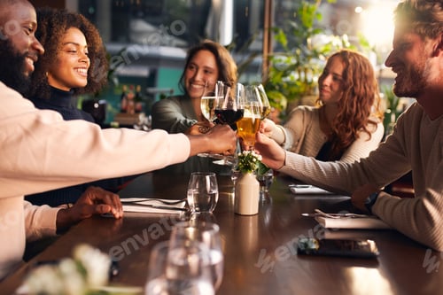 Preview: Friends toasting with wine in bar