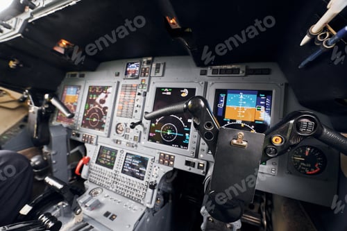 Preview: Different displays. Close up focused view of airplane cockpit