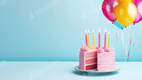 Preview: Pink birthday cake with slice removed and party balloons