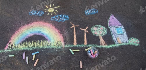 Preview: a child draws with chalk on the asphalt. beautiful picture.