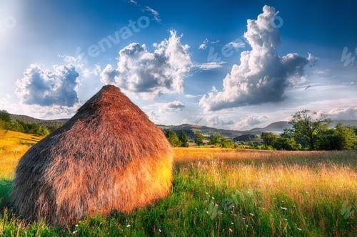 Preview: Beautiful countryside landscape with forested hills and haystacks on a grassy rural field