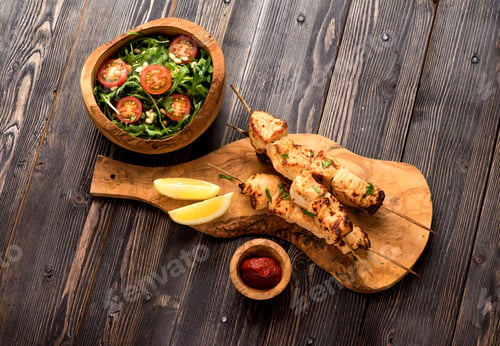 Preview: Shish kebab turkey fillet on bamboo skewers and arugula salad with tomatoes and pine nuts