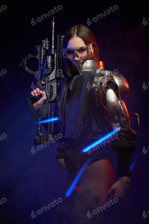 Preview: Portrait of a female mercenary with rifle in dark background with lights