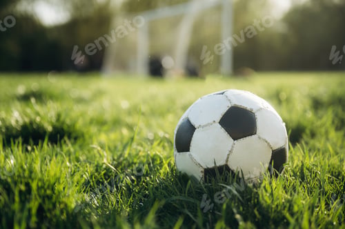 Preview: Close up view of soccer ball on the summer field under sunlight