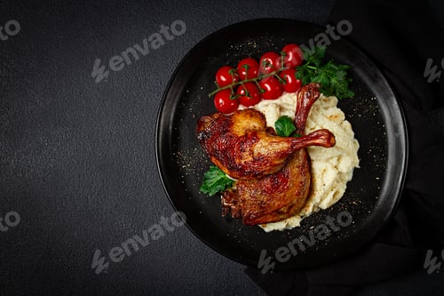 Preview: Fried duck shank, cauliflower puree, cherry tomatoes, homemade, no people,