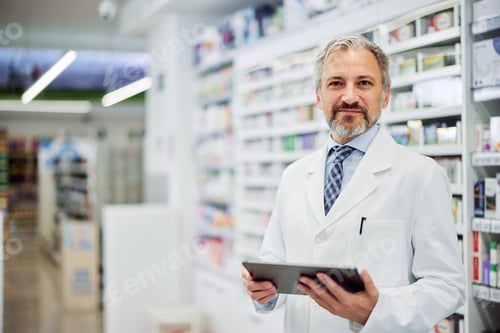 Preview: Portrait of a busy male pharmacist with a digital tablet at the workplace.