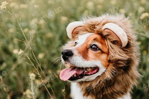 Visualização: lindo cachorro Jack Russell vestindo uma fantasia de leão na cabeça. Cachorro feliz na natureza, prado de flores amarelas