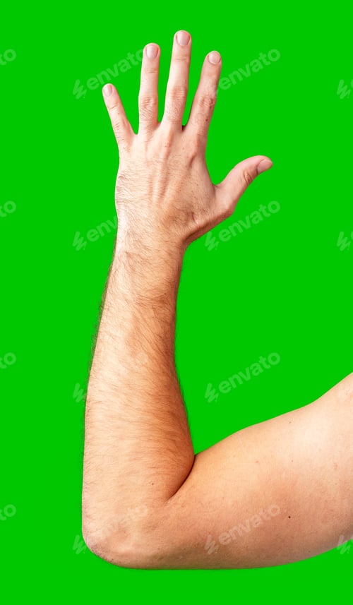Preview: human arm gesturing with raised fingers against a bright green backdrop