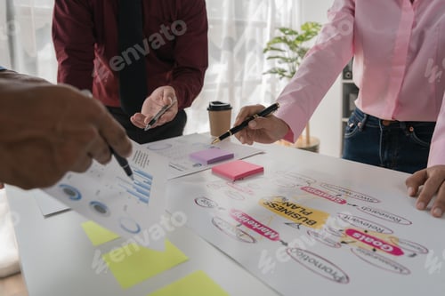 Preview: business meeting in office planning, goals or mission at desk with strategy and financial analysis