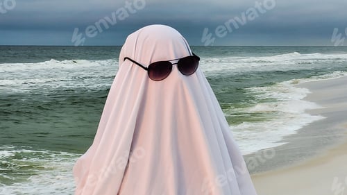 Preview: Gen z people at the beach wear white sheets and sunglasses costumes as ghosts on Halloween.