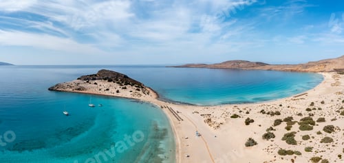 Preview: Elafonisos Greek island, Simos double beach, aerial drone view. Peloponnese. Greece.