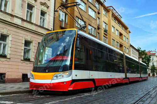 Preview: Modern Tram Vehicle in Prague Urban Transportation and Cityscape in Central Europe