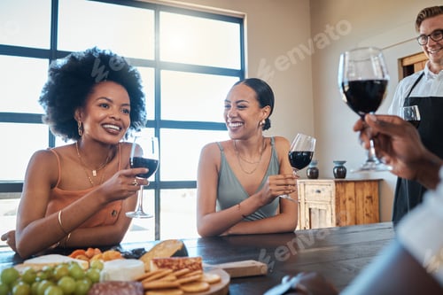 Preview: Happy, smile and friends drinking wine and eating healthy, fresh and organic fruit with toasted bre