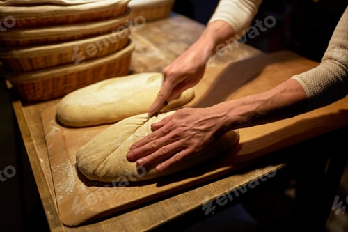 Preview: baker making bread and cutting dough at bakery