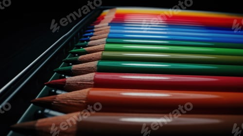 Preview: Crayons in perfect gradient row. Extreme macro slider dolly footage. Pencils set