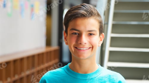 Preview: Portrait Of Smiling Male High School Student Standing By Stairs In College Building