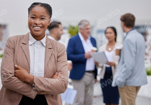 Preview: Business meeting, black woman and office team with collaboration and manager with a smile. Planning