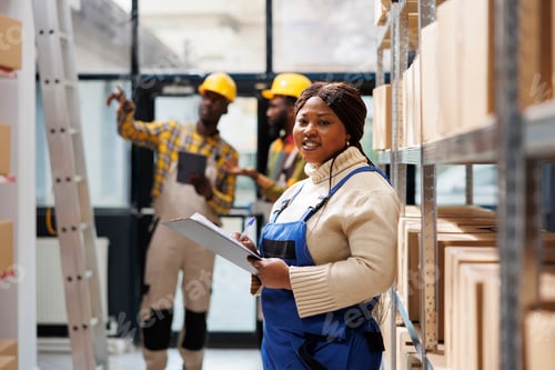 Preview: Smiling warehouse woman distribution manager looking at camera