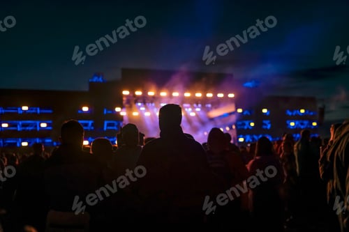 Preview: A group of people stand at a concert in the rays of spotlights. Crowds