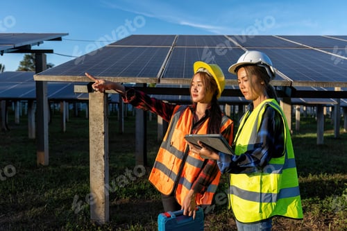 Preview: 2 maintenance girl engineer carry tool box routine maintenance at greenery solar farm in village