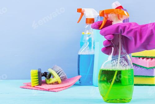 Preview: Cleaning service concept. Colorful cleaning set