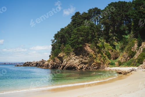 Preview: Beautiful view of Ramuncho beach surrounded by forest. Hualpén, Bío Bío, Chile.