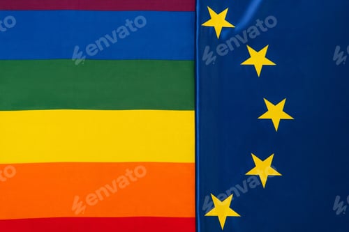 Preview: top view of european union and lgbt flags, equality rights concept