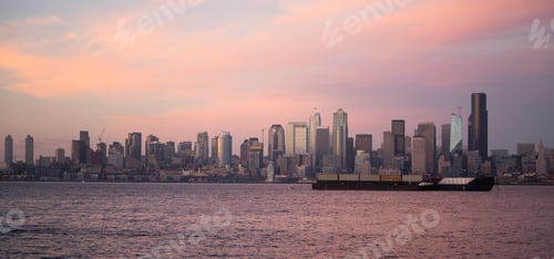 Preview: Pink Sunset Cargo Ship Puget Sound Downtown Seattle Skyline