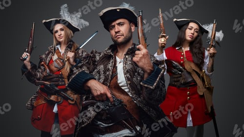 Preview: Handsome pirate with flintlock pistols and two female buccaneers